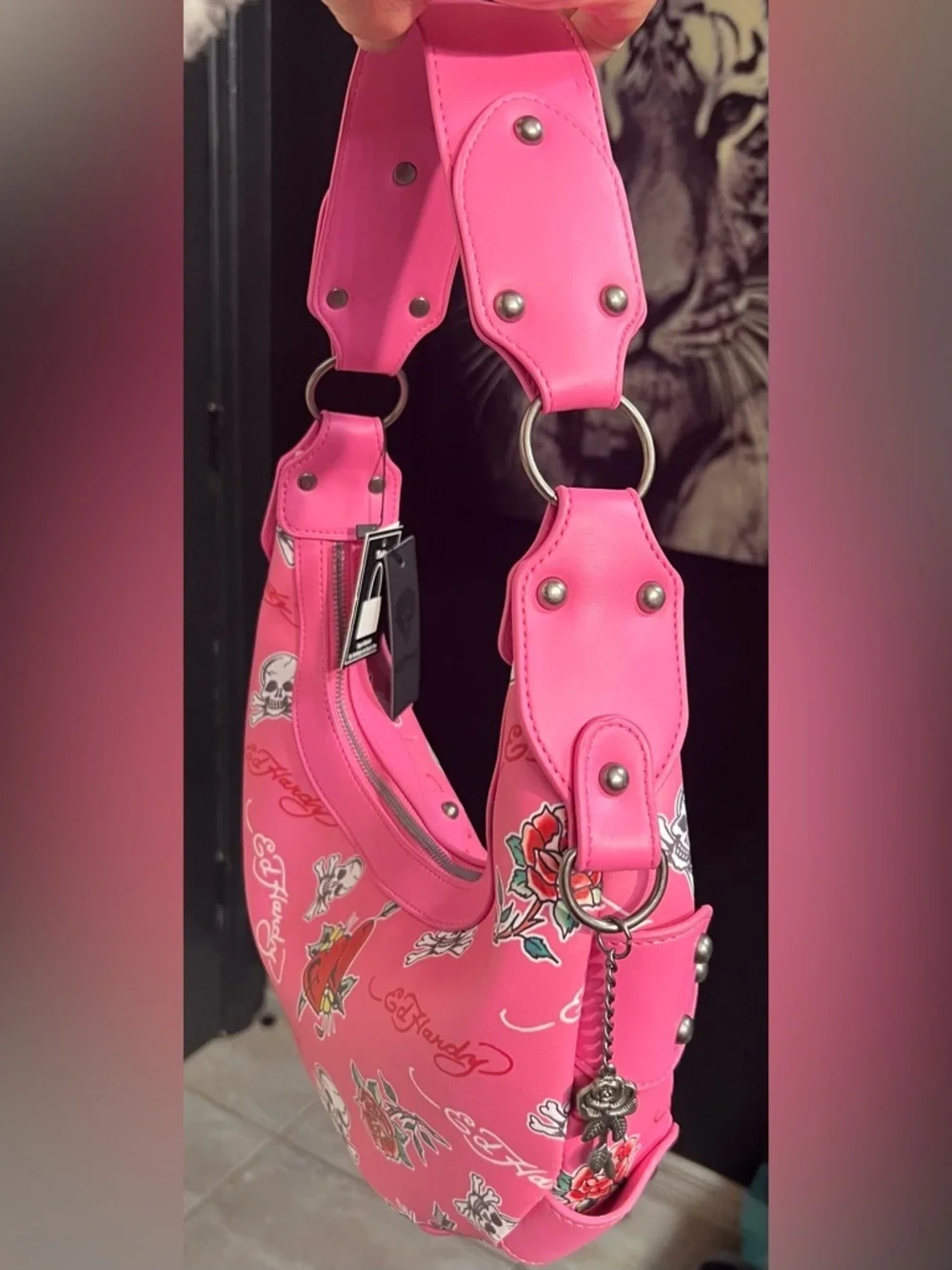 💕Ed Hardy Hot Pink Studded Skull & Rose Shoulder Bag-NWT💕